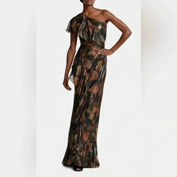 Ralph Lauren Collection Chiffon Evening Gown Floral One Shoulder Ruffle Dress 10 - Picture 4 of 13